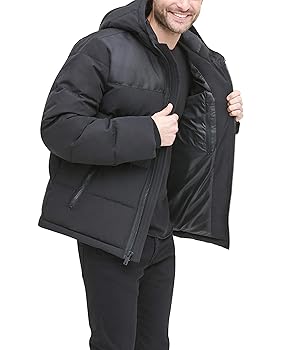 DKNY Men's Shawn Quilted Mixed Media Hooded Puffer Jacket